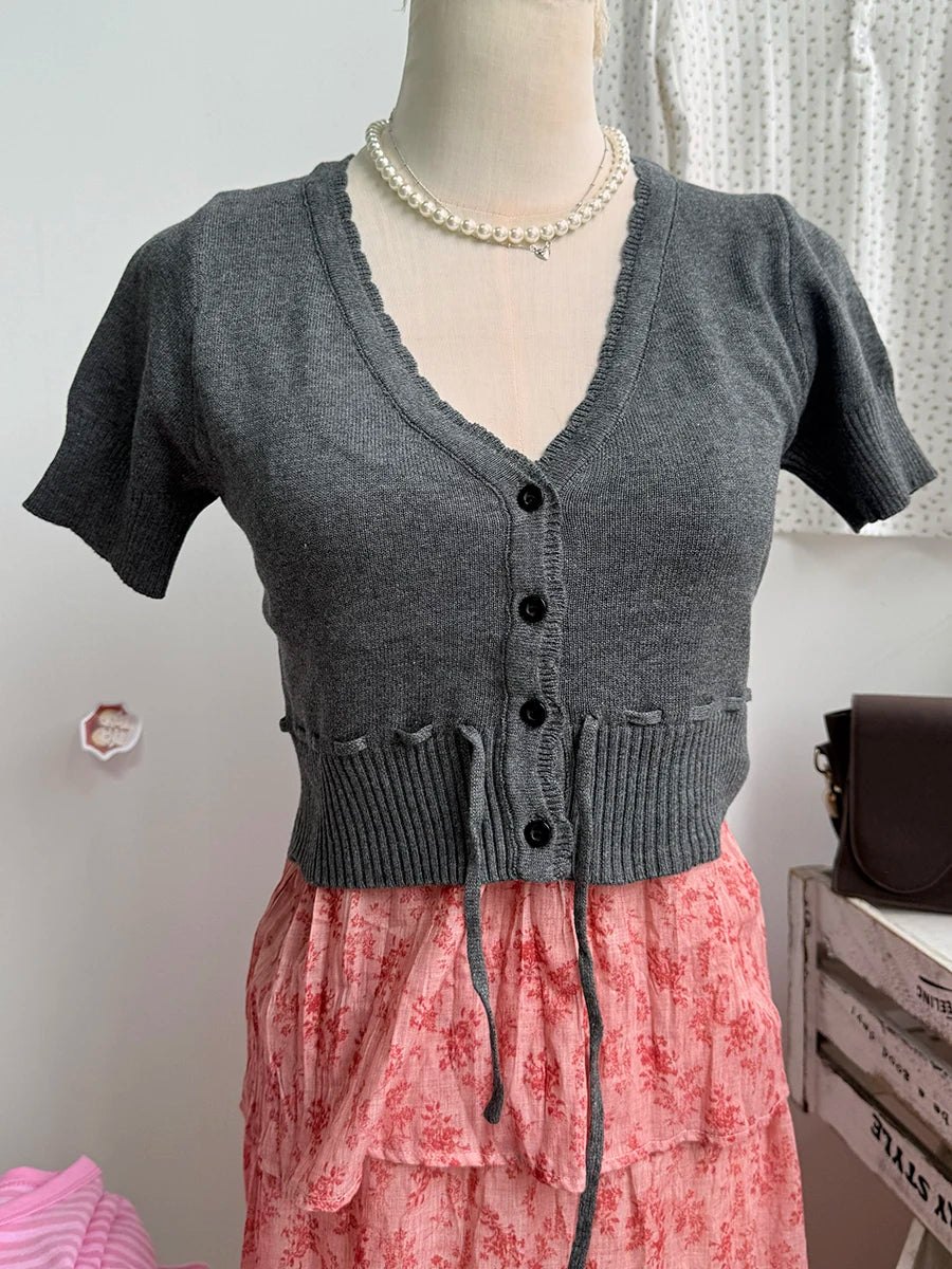 Solid Drawstring Slim Cropped Knitwear Top WomenV-neck Short Sleeve Cotton Thin Short T-shirts Sweet Casual Simple Crop Tops