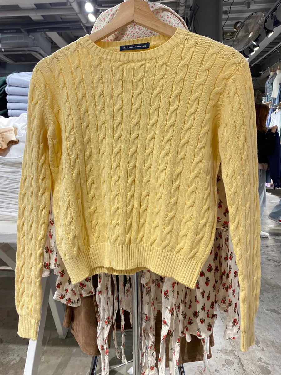 Sweet Twisted Knit O-neck Sweater Women Autumn Yellow Cotton Warm Streetwear Slim Aesthetic Pullover Top Cute Vintage Jumper Y2K