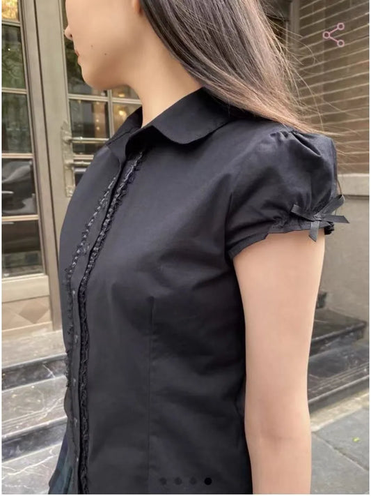 Black Lace Trim Buttons Blouse Tees Women Summer New Sweet Harajuku Bow Short Sleeve Tops Vintage Preppy Style Chic T-shirts Y2K