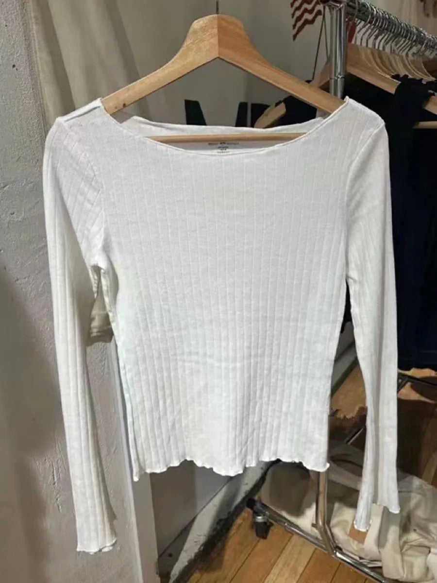 Simple White Hollow Out Slim T-shirts Women Cotton Raw Trim Crew Neck Long Sleeve Tops Clothes Vintage Chic Sweet Tees Clothes