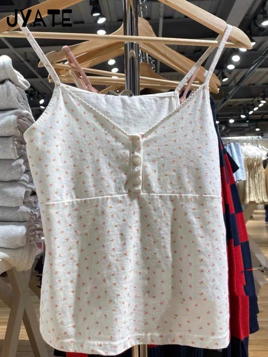 Retro Brown Lace Trim Buttons Tank Tops Women Summer V-neck Cotton Sexy Slim Sleeveless Crop Top Sweet Vintage Chic Y2K Camisole