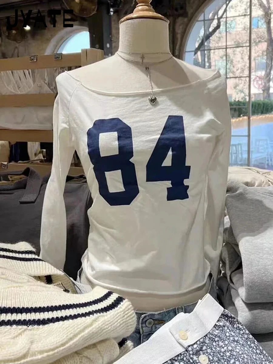 Cross Print Slash Neck Sexy T-shirts Women New Cotton Fashion Simple White Long Sleeve Tees Vintage Chic Sweet Tops Clothes Y2K