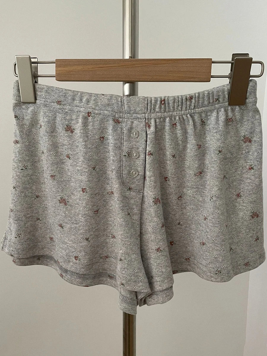 Sweet Eyelet Floral Print Short Pants Women Three Buttons High Waist Straight Home Cozy Underwear Casual Cute Cotton Shorts Y2K