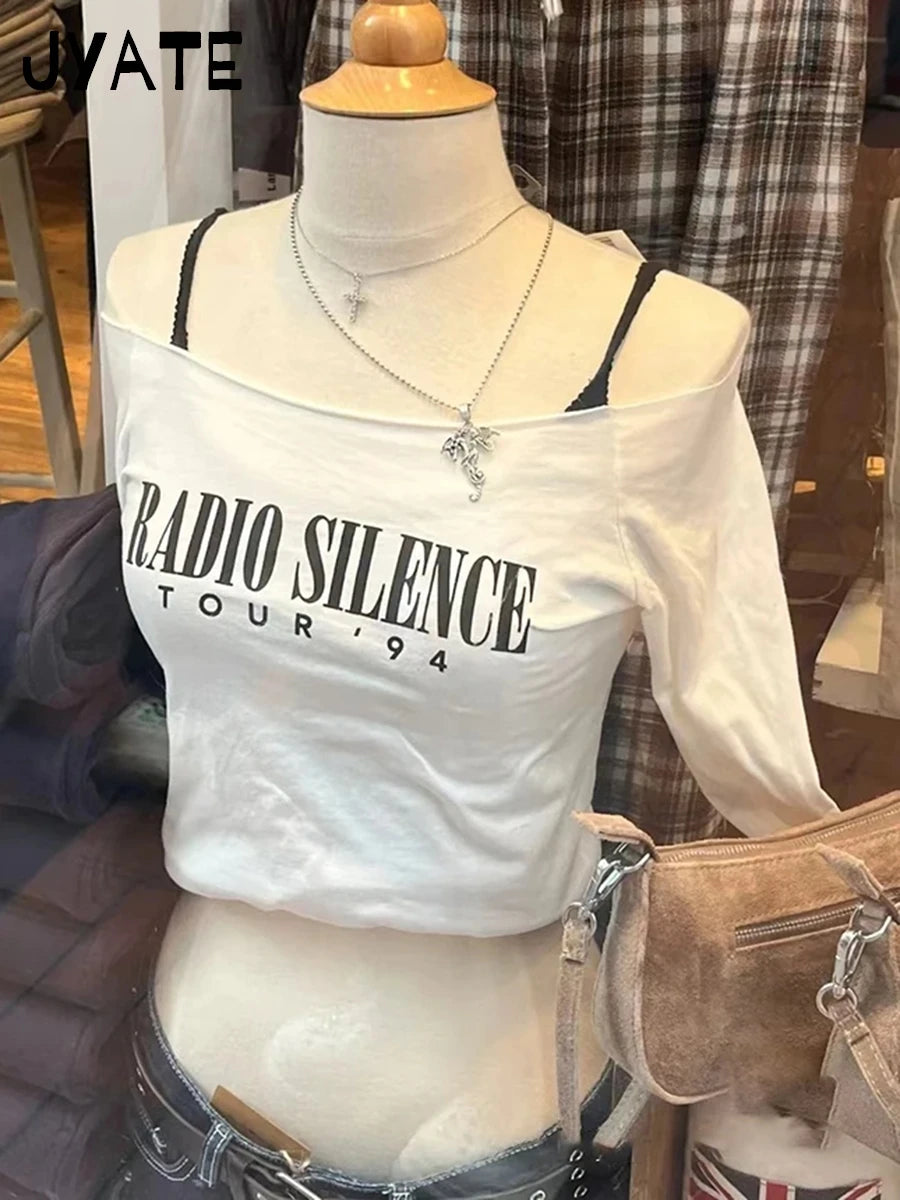 Sexy Slim Letter Print White Long Sleeveless Tees Women New Cotton Street Raw Trim Slash Neck Tops Vintage Casual Y2K T-shirts