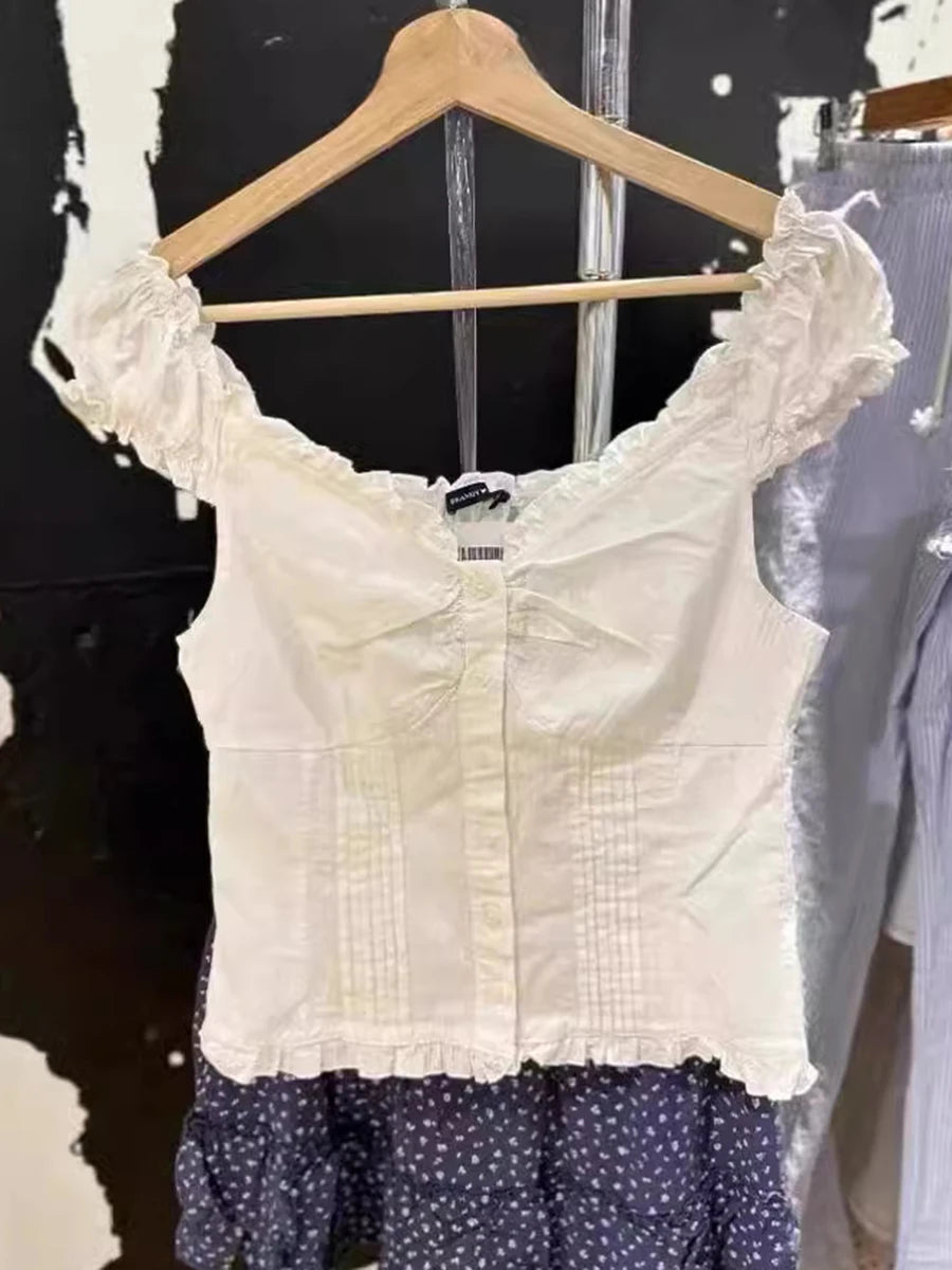 Red Floral Folds Buttons Blouse Vests Women New Casual Single Breasted Ruffle Sleeveless Tank Tops Sweet Cute Elegant Camis OOTD