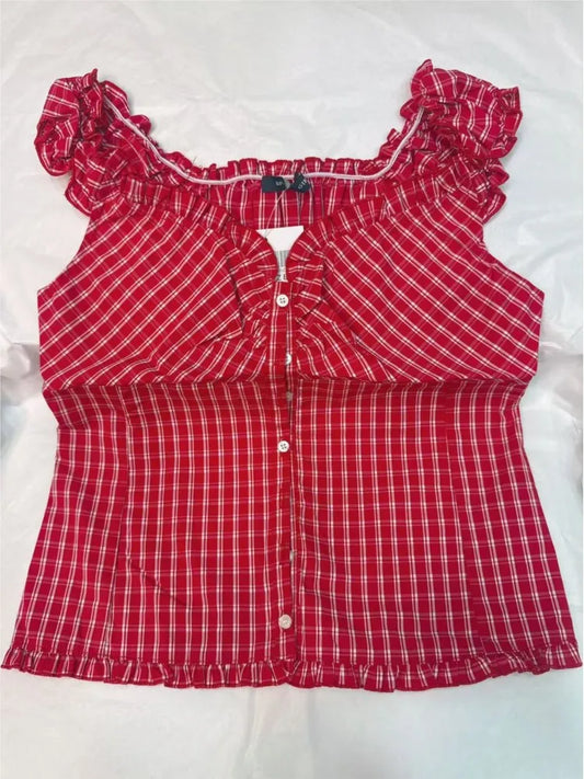 Red Plaid Slim T-shirt Blouse Women Summer Ruffles Single Breasted V-neck Short Puff Sleeve Shirt Female Vintage Sweet Tops New