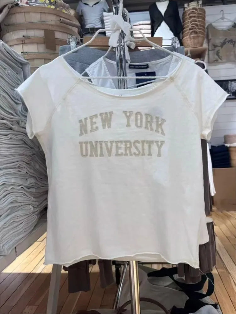 Letter Patchwork Embroidery T-shirts Women Casual Simple Raw Hem Slash Neck Short Sleeve Tees Vintage Chic Sweet Crop Tops Y2K