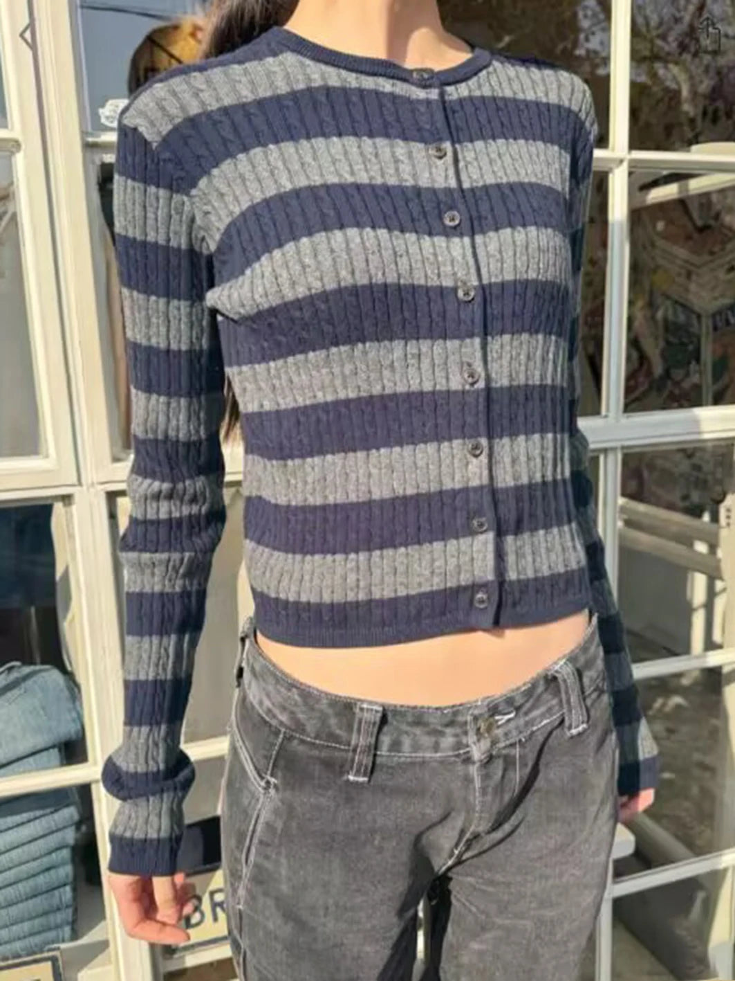 Stripes Twisted Flower Slim Cardigans Women O-neck Cotton Single-Breasted Autumn Sweater Casual Streetwear Vintage Knitwear Y2k