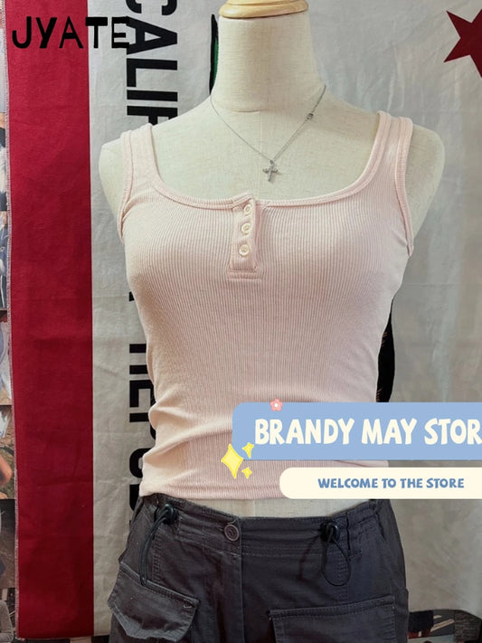 Simple Pink Ribbed Cotton Tank Tops Women Summer New Casual Buttons U-neck Sleeveless Vests Sweet Basic Preppy Style Camis Y2K
