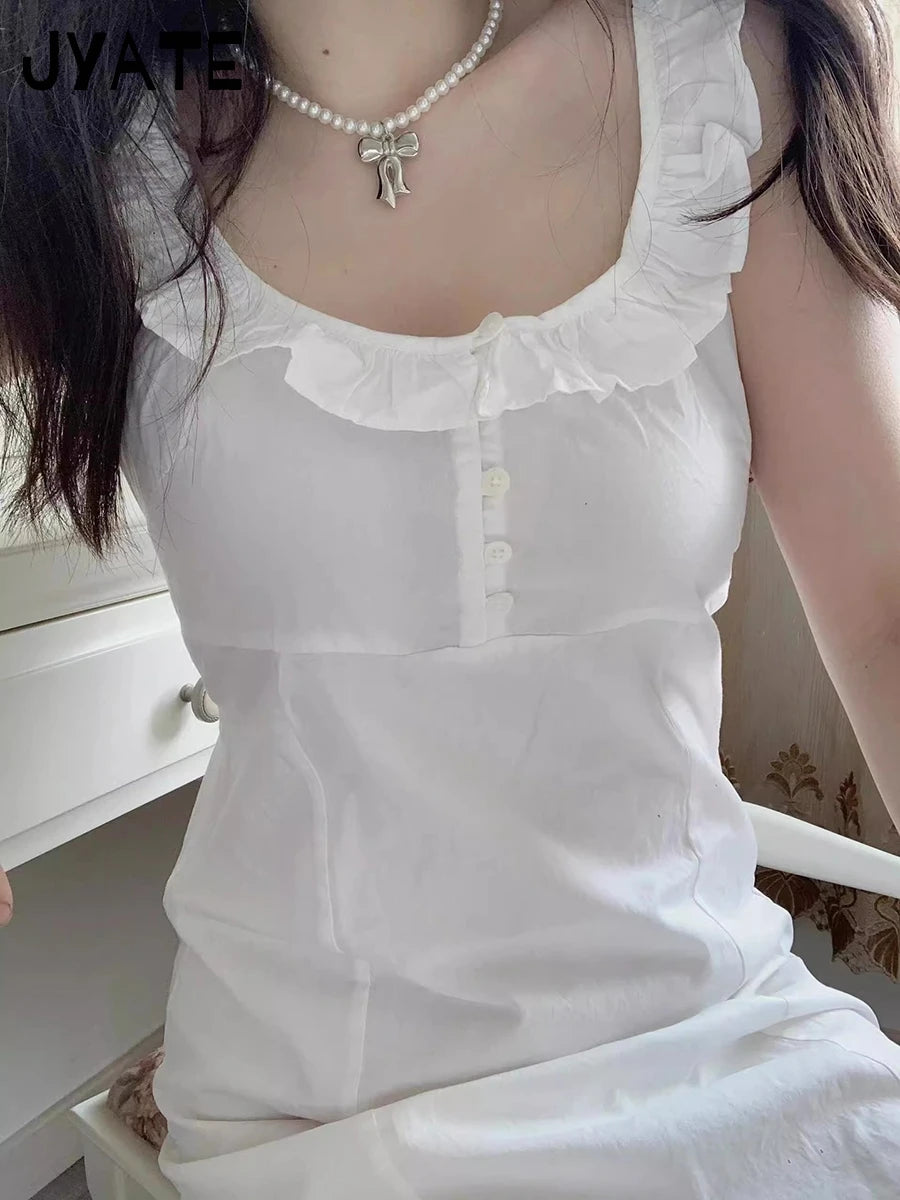 White Ruffled Neck Buttons Mini Dresses Women Summer New Back Lace-up Sleeveless Short Vestidos Sweet Preppy Style Chic Dresses