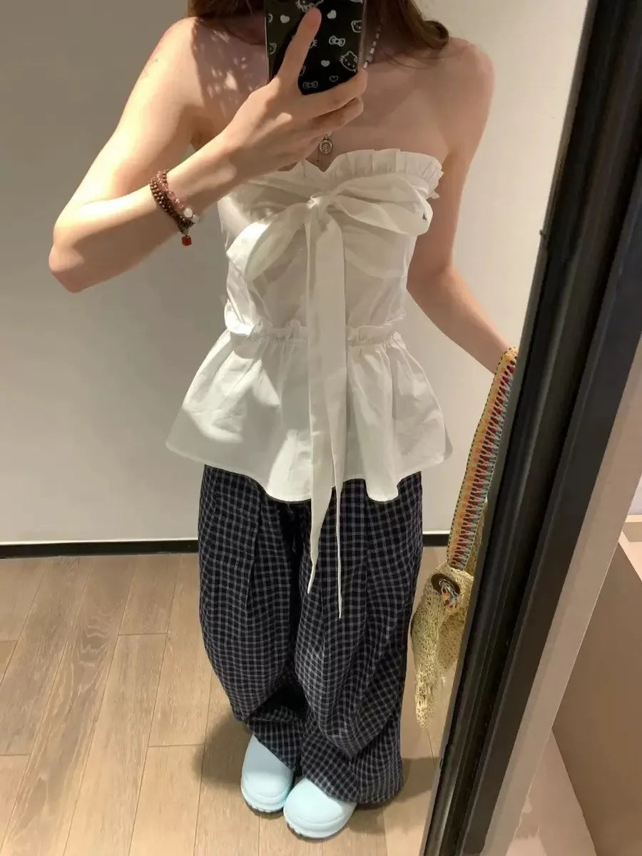 Sexy White Bow Ruffle Tube Top Women Summer New Streetwear Slim Sleeveless Tank Tops Female Sweet Chic Preppy Style Camisole Y2K