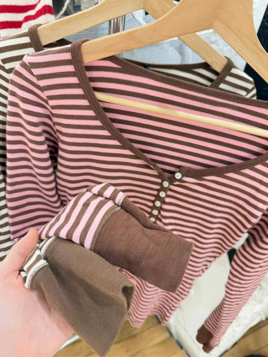 Fashion Striped Long Sleeve T-shirt Women Spring Six Buttons O-Neck Cotton Slim Pink Brown Tee Sweet Preppy Style Tshirt Y2k Top