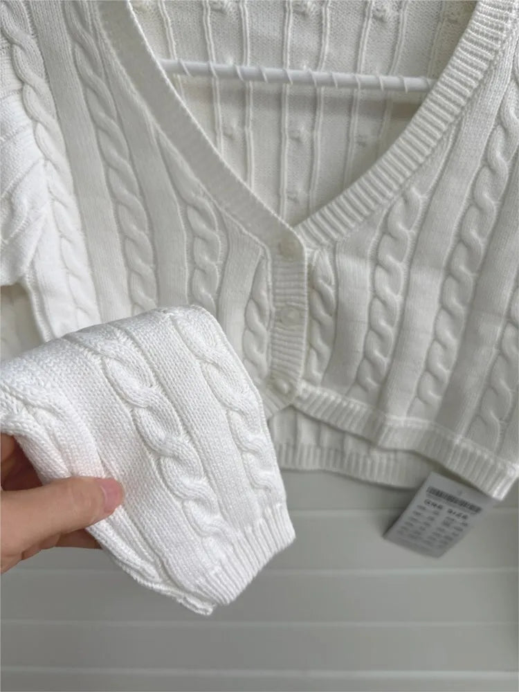 White Cable Knit Cropped Cardigan Women Sexy Chic V-neck Slim Long Sleeve Sweaters Vintage Preppy Style Knitwear Y2K