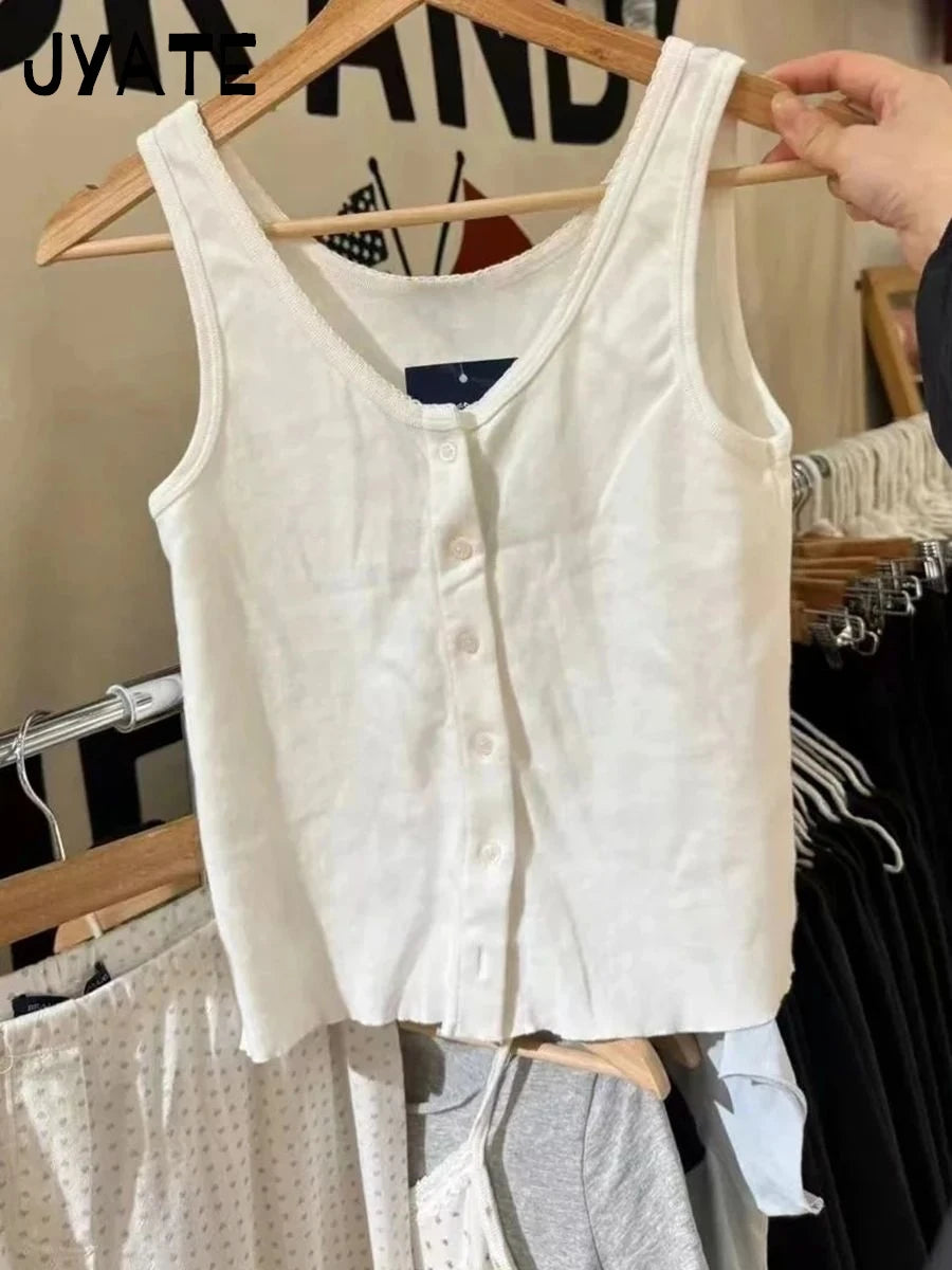 White Lace Trim Slim Crop Top Women Summer Casual Single Breasted U Collar Cotton Cropped Vest Simple Basic Chic Tank Tops Y2K