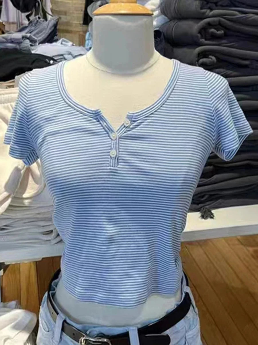 Pink Striped Slim Buttons T-shirts Women New Cotton O-neck Casual Simple Basic Short Sleeve Tees Sweet Cute Girls Tshirt Y2K Top