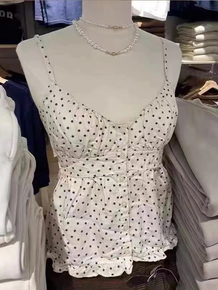 Navy Dot Slim Buttons Tank Top Woman Summer New Lace Trim V-neck Back Lace-up Cotton Camis Clothes Vintage Sweet Crop Tops Y2K