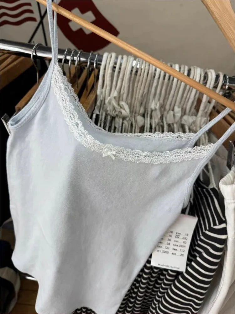 Sweet Bow Lace Trim Blue Slim Tank Top Women Summer New Sweatwear Sleeveless Cotton Slim Camis Casual Cute Simple Vest Tops Y2K