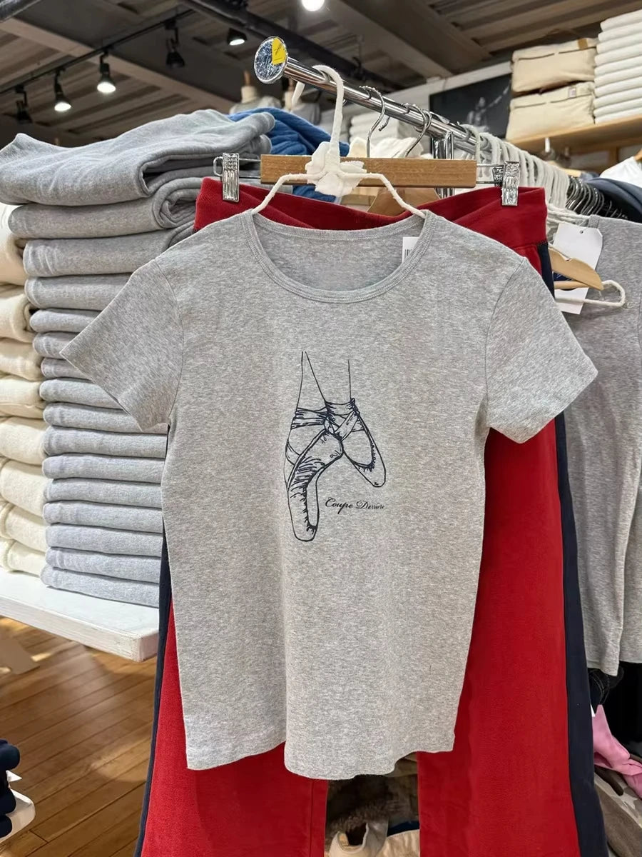 Ballet Shoes Print Slim T-shirt Woman Spring Chic Round Neck Short Sleeve Tee Shirt Sweet Cute Preppy Style Cotton Tshirts Y2k