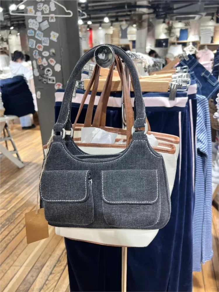 Vintage Denim Shoulder Bag Women New Cute Pockets High Zipper High Quality Ladies Bags Streetwear Chic Preppy Style Handbags Y2K