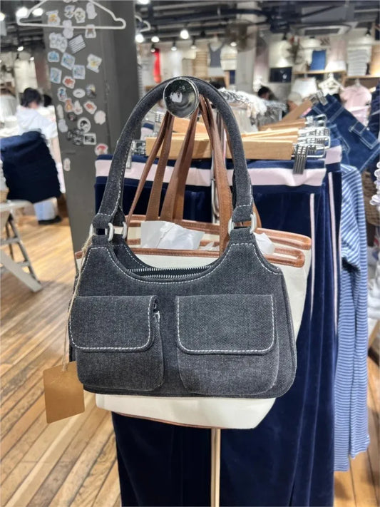 Vintage Denim Shoulder Bag Women New Cute Pockets High Zipper High Quality Ladies Bags Streetwear Chic Preppy Style Handbags Y2K