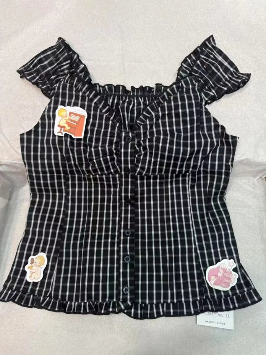Cute Red Plaid Folds Blouse Tees Women Casual Single Breasted Ruffle Sleeveless Tank Tops Sweet Vintage Preppy Style Camisole