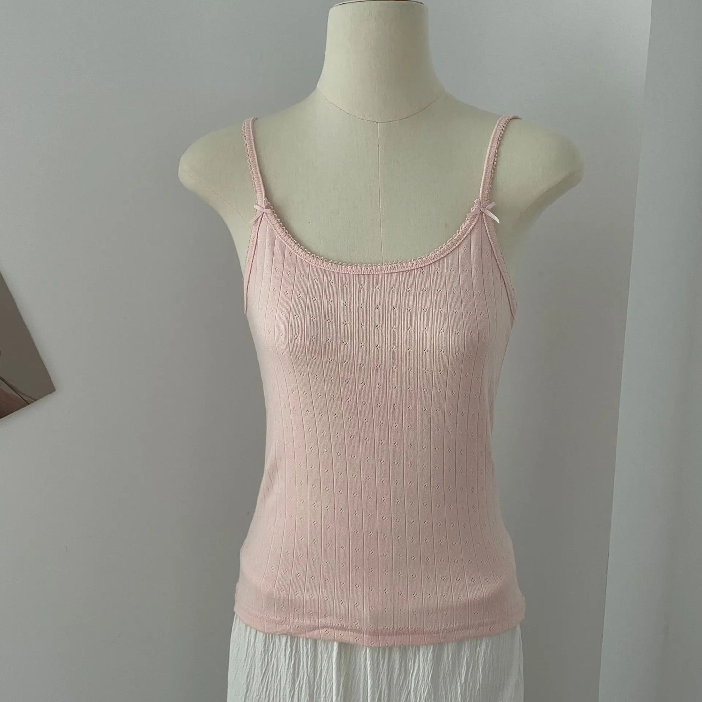 Lace Trim Eyelet Bow Tank Tops Women Cotton Soft Casual Solid Slim Basic Sleeveless Vests Sweet Cute Preppy Style Camisole