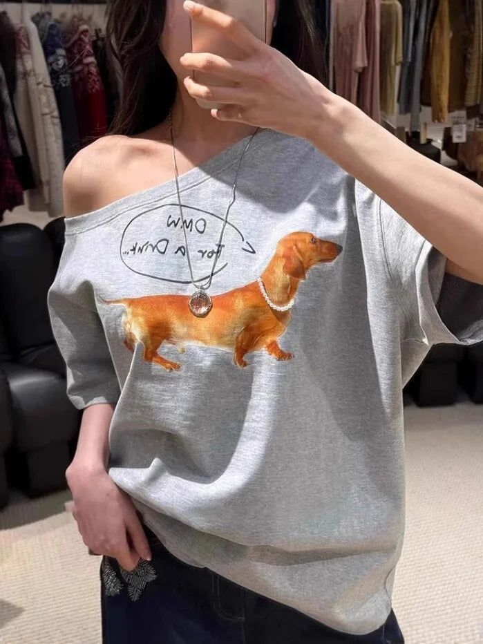 NO.84 Print Slash Neck T-shirts Women Summer New Sexy Cotton Slim Short Sleeve Tees Vintage Sweet Preppy Style Tshirt Y2K Tops