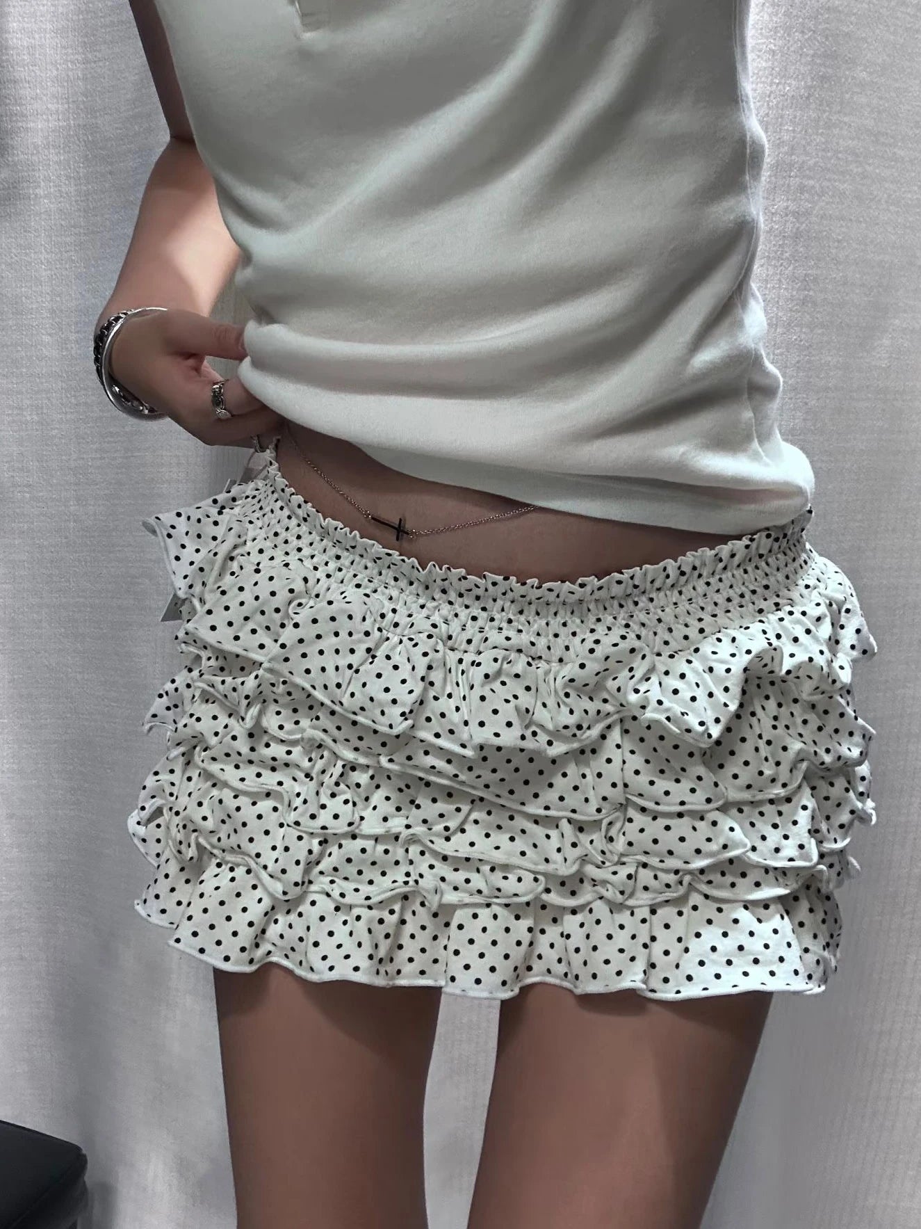 Polka Dot Tiered Skirts Women Summer Elastic Low Waist Lining Ruffles Short Faldas Vintage Sweet Ballet Preppy Style Skirt Y2K