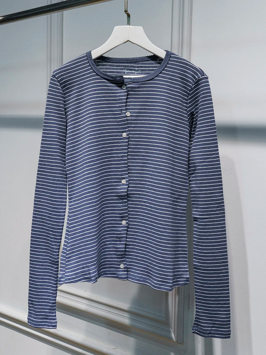 Eyelet Slim Single Breasted T-shirt Women Autumn Preppy Style O-neck Cotton Long Sleeve Tee Shirts Cute Vintage Sweet Tops Y2K