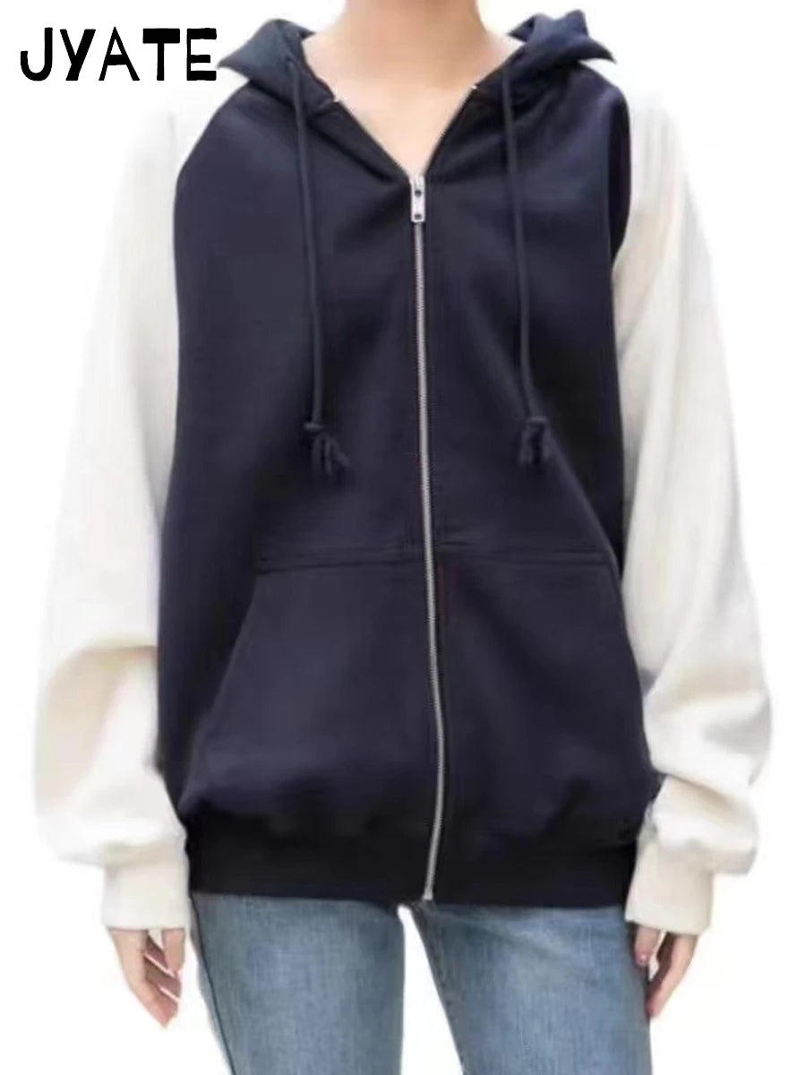 Harajuku Loose Patchwork Zip-up Hoodies Women Autumn Cotton Pockets Drawstring Casual Jacket Tops Vintage Chic Y2K Sweatshirts