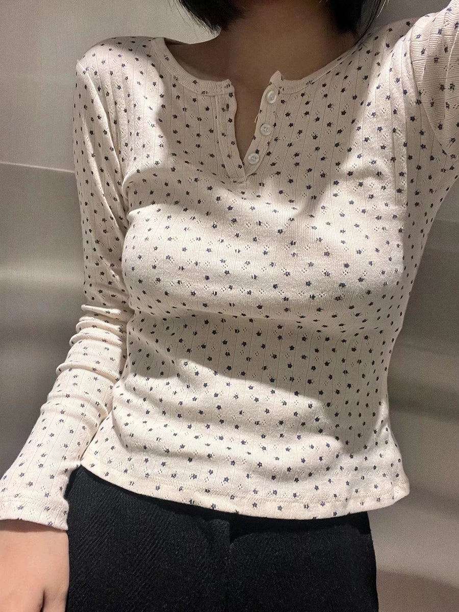 White Hollow Out Cute Cotton T-shirts Femme New Button  Slim Long Sleeve Tees Casual Autumn Y2k Chic Tops Clothes