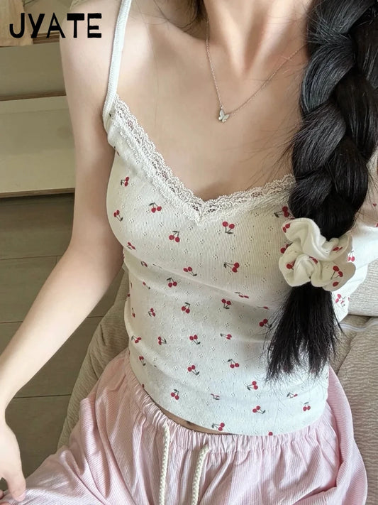 Cherry Print Eyelet Camisole Women New Cotton Soft Lace Trim V-neck Slim Sleeveless Vests Sweet Cute Chic Vintage Tank Tops Y2K