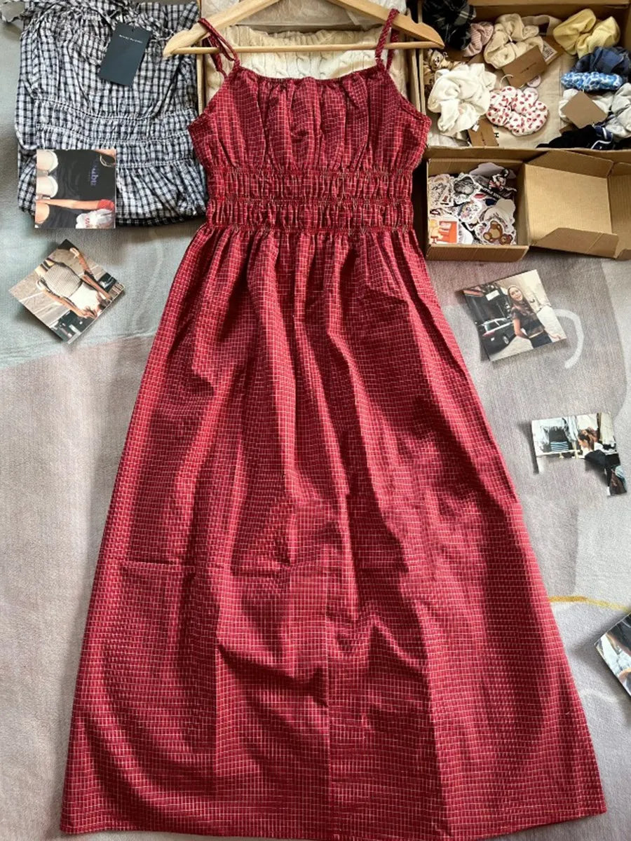 Retro Red Plaid Ruffles Camisole Dress Women High Waist Backless Lace-up Sleeveless Long Dresses Vintage Cute Sweet Y2K Vestidos