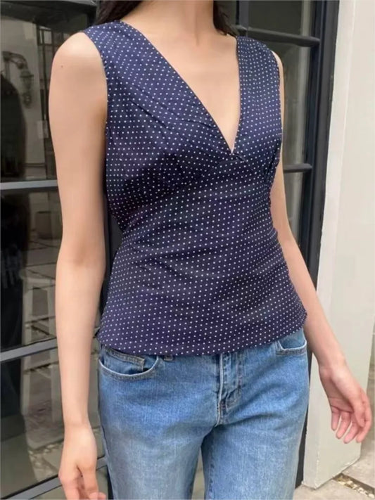 Vintage Polka Dot Sexy Deep V-neck Tank Tops Women Summer New Cotton Lace-up Slim Sleeveless Tees Retro Streetwear Sweet Vests