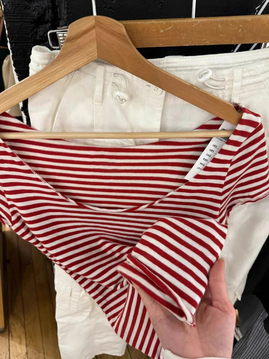 Red Striped T-shirt Women Sexy Slash Neck Raw Hem Slim Cotton Short Sleeve Tee Shirts Female Summer Vintage Tshirt Y2K Tops New