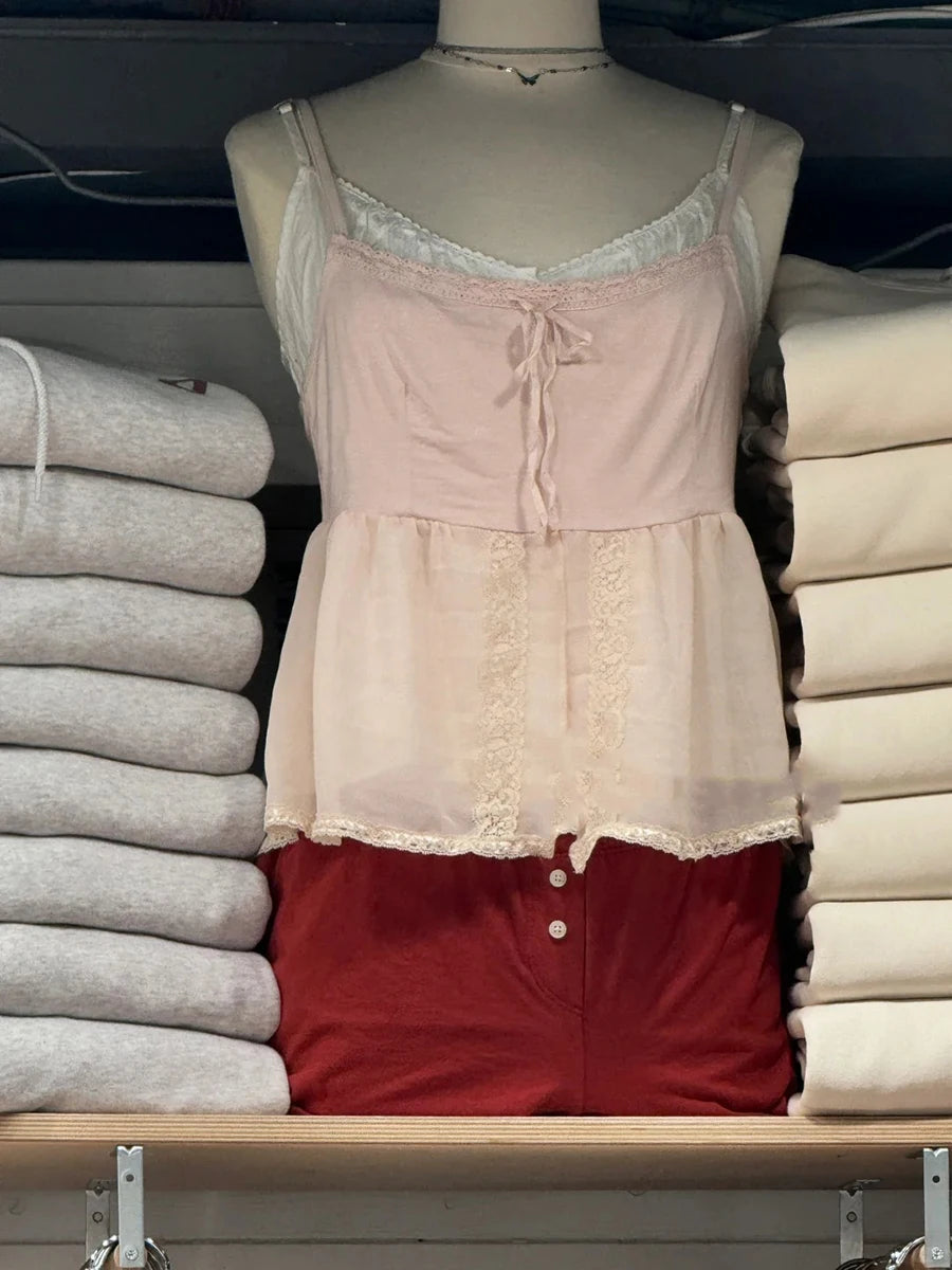 Cute White Square Neck Halter Strap Camisole Women Summer New Cotton Lace Trim Sleeveless Vests Sweet Vintage Chic Tank Tops Y2K