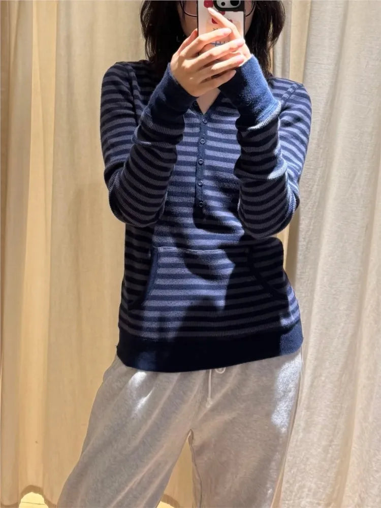 New Waffle Hooded T-shirt Women Casual Button Cotton Slim Long Sleeve Tee Shirt Vintage American Preppy Style Tshirt Y2k