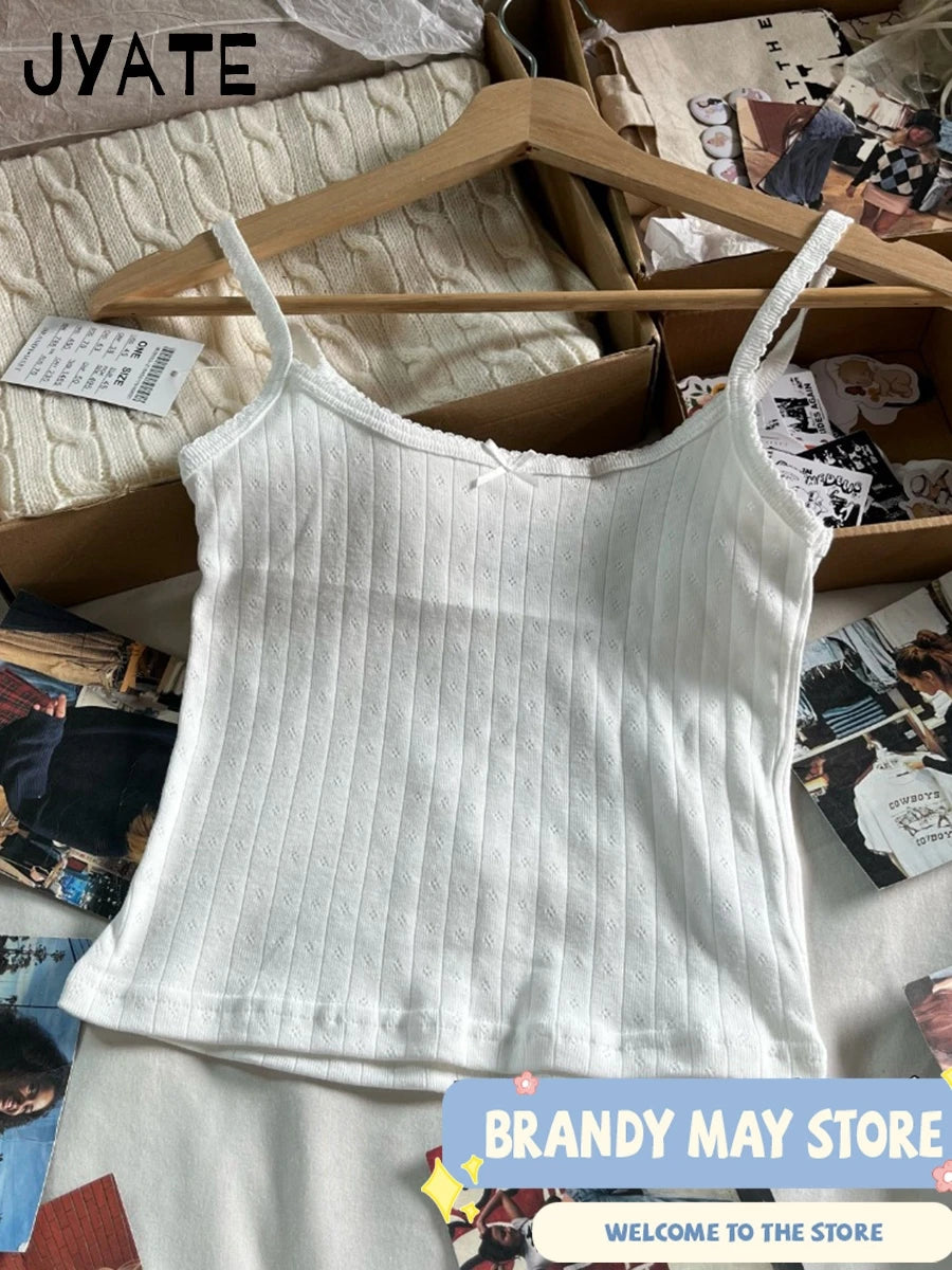 Basic White Eyelet Bow Tank Tops Women Summer New Cotton Soft Casual Slim Sleeveless Cropped Vest Sweet Chic Cute Cozy Camis Y2K