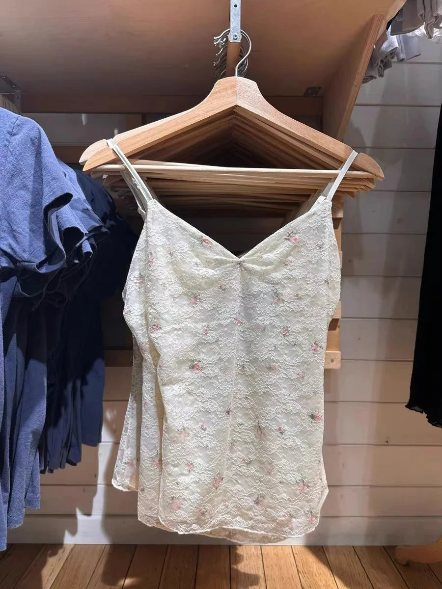 Claret Lace Bow V-Neck Tank Top Summer Sleeveless Thin Slim Sleeveless Vest Women Sweet Vintage Streetwear Sexy Crop Tops Y2k