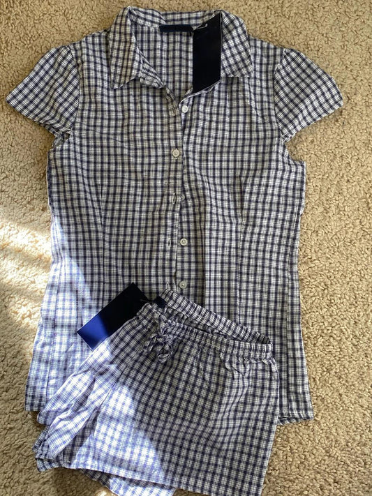 Vintage Short Sleeve T-shirt Short Set Women Plaid Buttons Slim Tees+Straight Sweatshorts Sweet Y2K Home Pajama 2 Piece Sets New