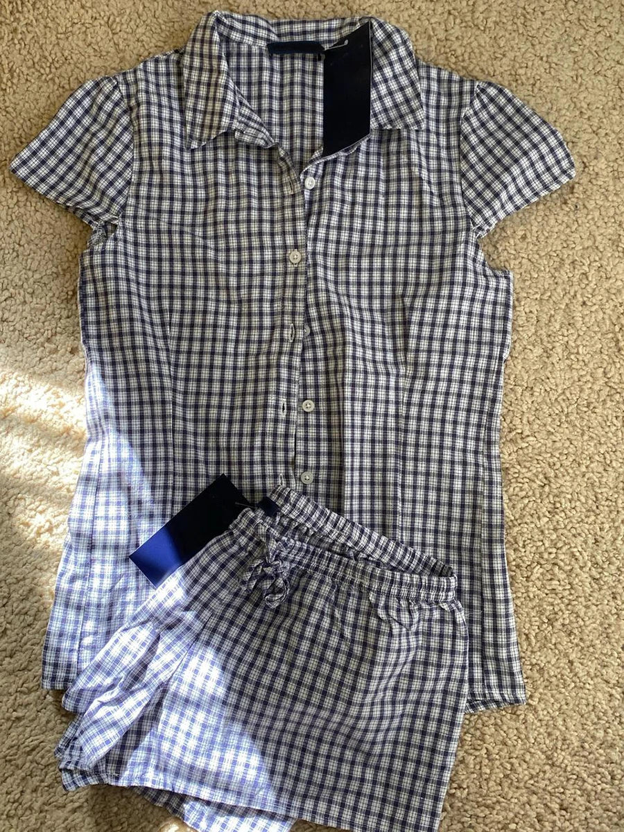 Plaid Buttons Blouse T-shirt Short Sets Women Slim Short Sleeve Tees+Straight Sweatshorts Sweet Home Pajama 2 Piece Outfits Y2K