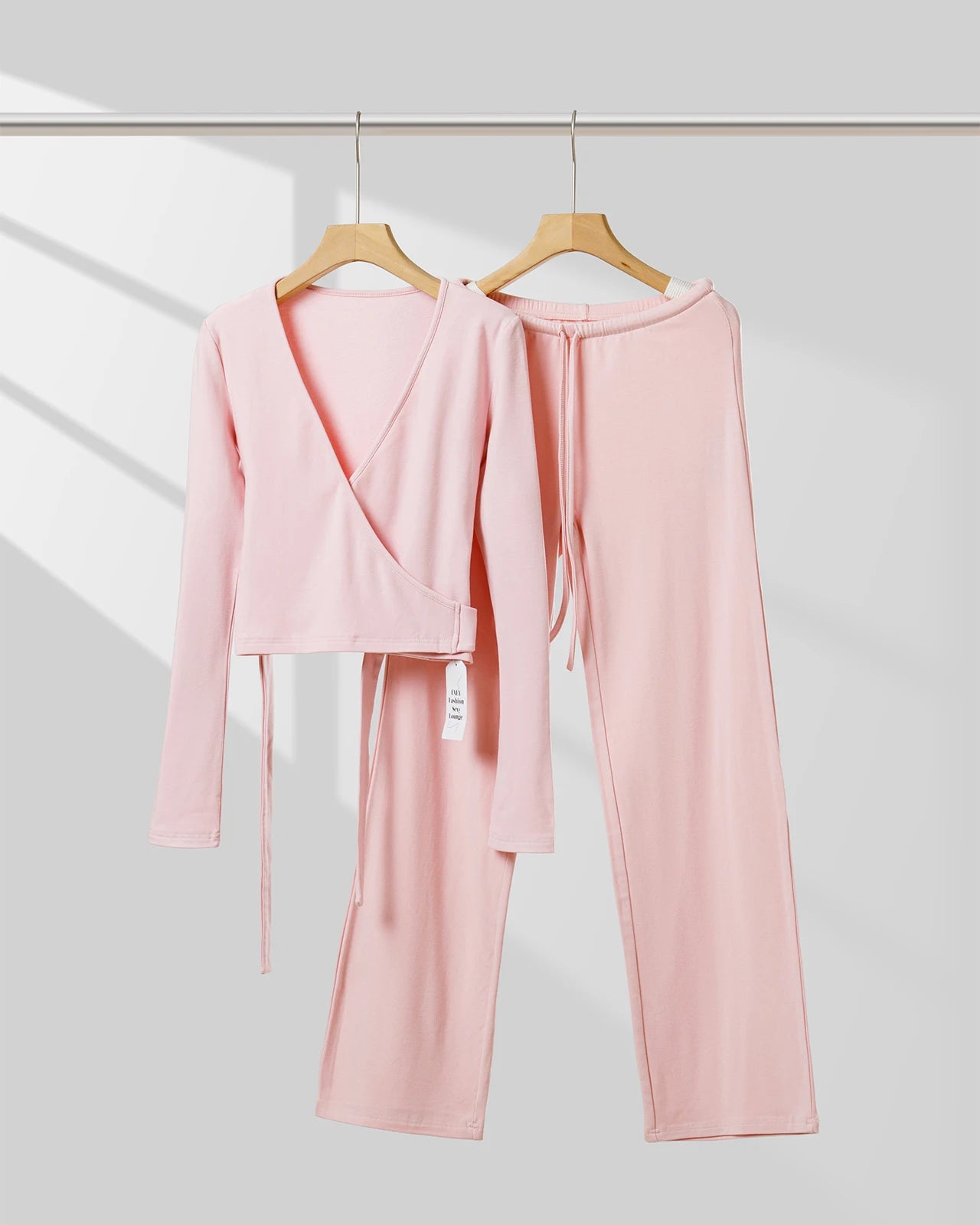 Sweet Lounge Set Vintage 2 Piece Outfit Women Fashion Casual V-neck Waist Tie T-shirt + Elastic Waist Pants Long Sleeve Crop Top