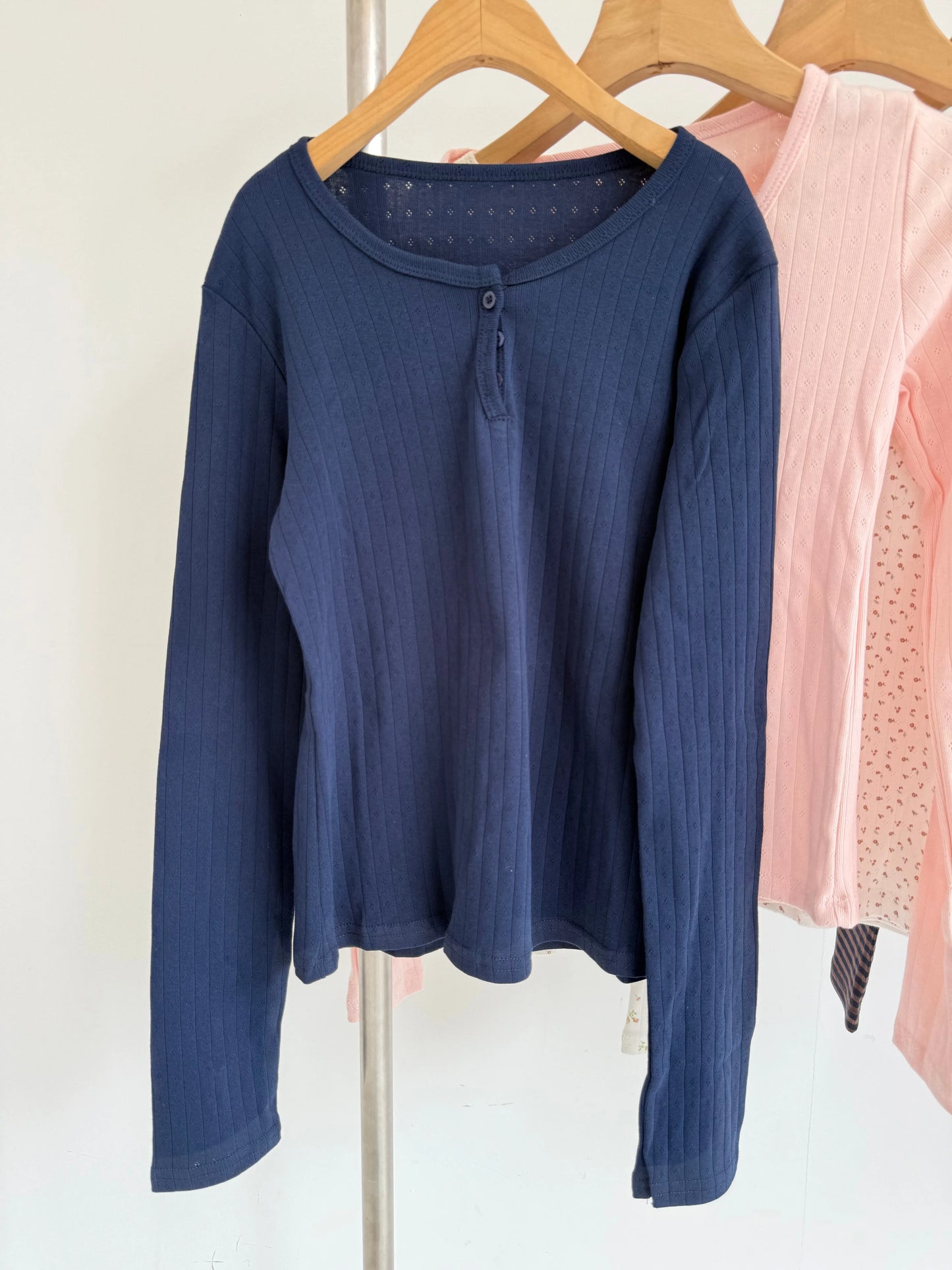 Navy Eyelet Three Buttons Long Sleeve T-Shirt New Autumn O-Neck Simple Slim Tee Top for Women Sweet Cute Basic Tshirt Y2k Tops