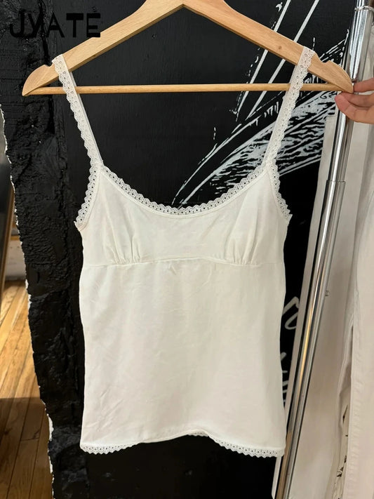 New White Lace Trim U-neck Tank Tops Women Summer Simple Slim Soft Casual Folds Sleeveless Vests Sweet Cute Vintage Camisole Y2K