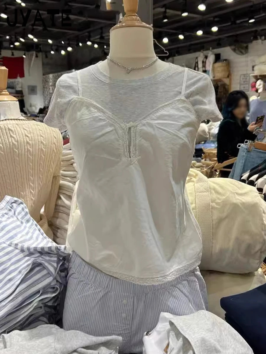 White Lace Trim V-neck Tank Tops Women Summer New Casual Button Simple Basic Sleeveless Crop Top Sweet Cute Vintage Camisole Y2K