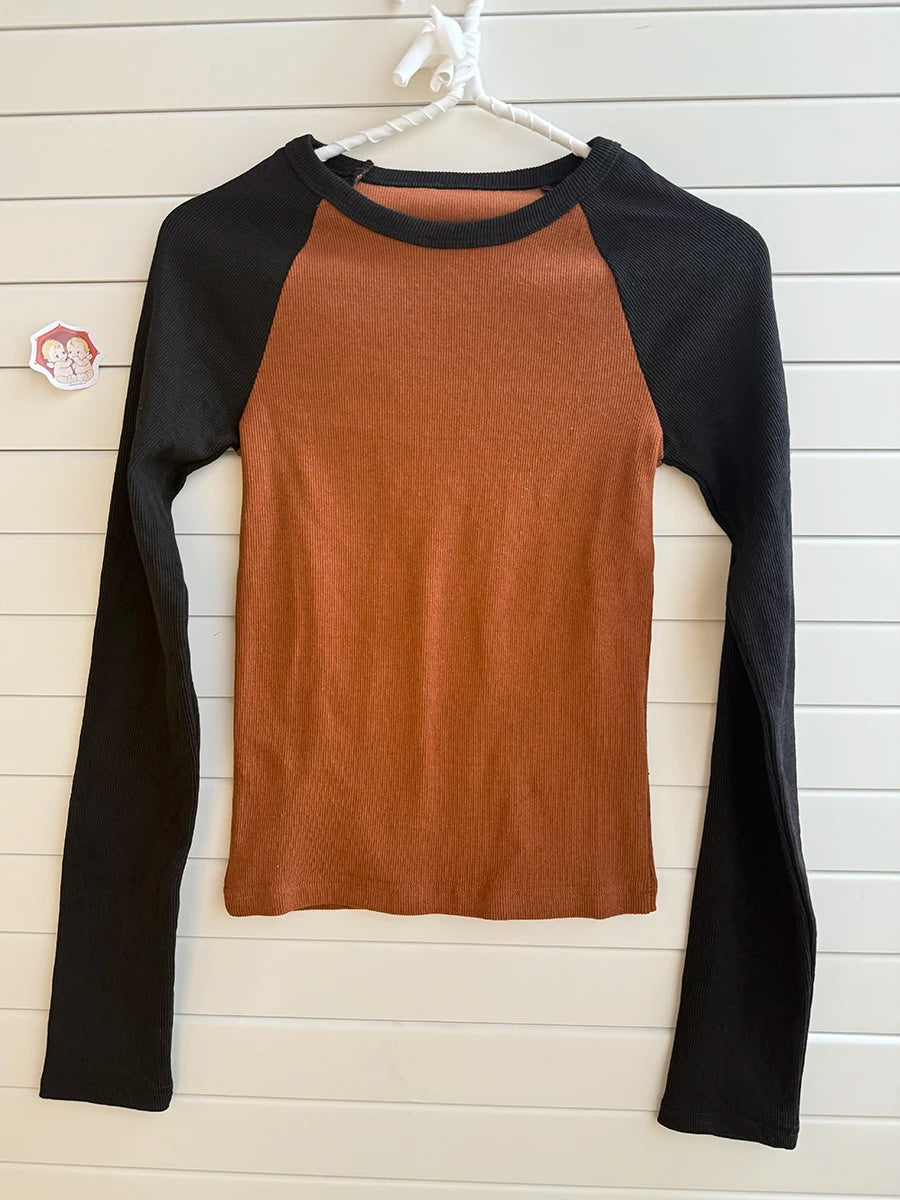 Retro Patchwork Ribbed T-shirt Women Autumn Casual Cotton Round Neck Long Sleeve Tee Shirt Vintage Preppy Style Y2K T Shirt Tops