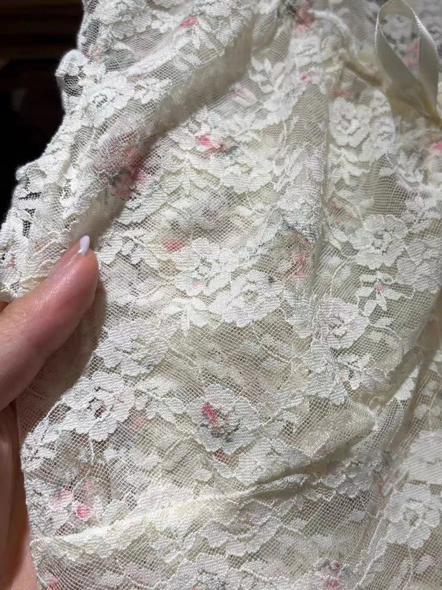 Floral Lace Sexy Transparent Solid Vests Women Cotton Bow V-neck Lace-up Sleeveless Thin Tank Tops Cute Streetwear Y2K Crop Tops