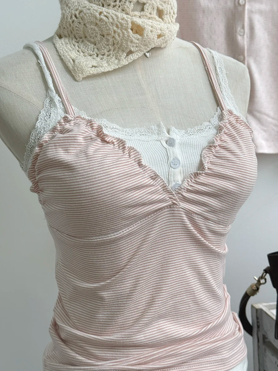 Pink Striped Tank Tops Women Casual Cotton Fungus Slim V-neck Sleeveless Camisole Girls Cute Sweet Preppy Style Y2K Crop Top