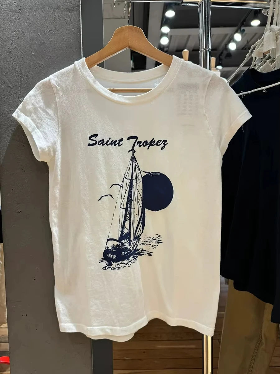 Letter Print White T-shirt Women New Casual Streetwear Cotton Round Neck Short Sleeve Tee Shirt Vintage Sweet Tshirts Y2K Tops