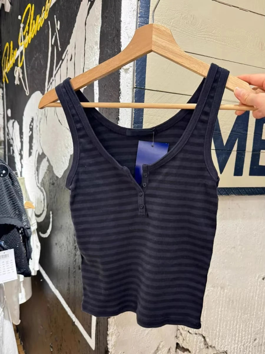 Navy Striped Buttons Tank Tops Women Summer Casual Streetwear Simple Cotton Slim Camisole Female Vintage American Chic Vests Y2K